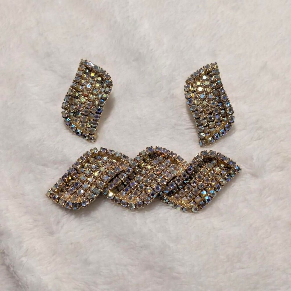 Vintage Gold Aurora Borealis Rhinestone Wave Brooch & Clip-On Earring Set Retro - Picture 3 of 7